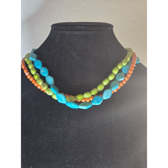 Premier Designs Citrus Triple Strand Blue Green Orange Beaded Toggle Necklace - Picture 1 of 6